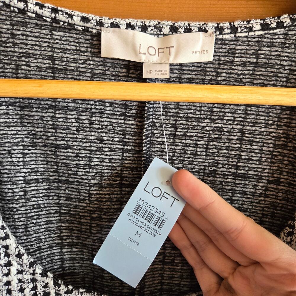 Loft Gingham Dress Petites Textured Mini NWT MP Black White Puff Sleeve Preppy - Picture 3 of 6